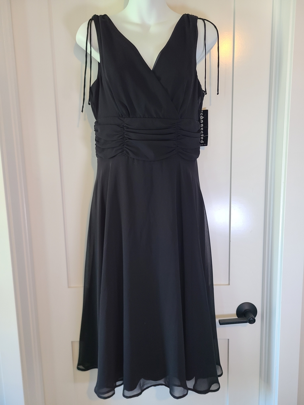 connected apparel Black Midi Dress with Ruched Waist and Tie Shoulders